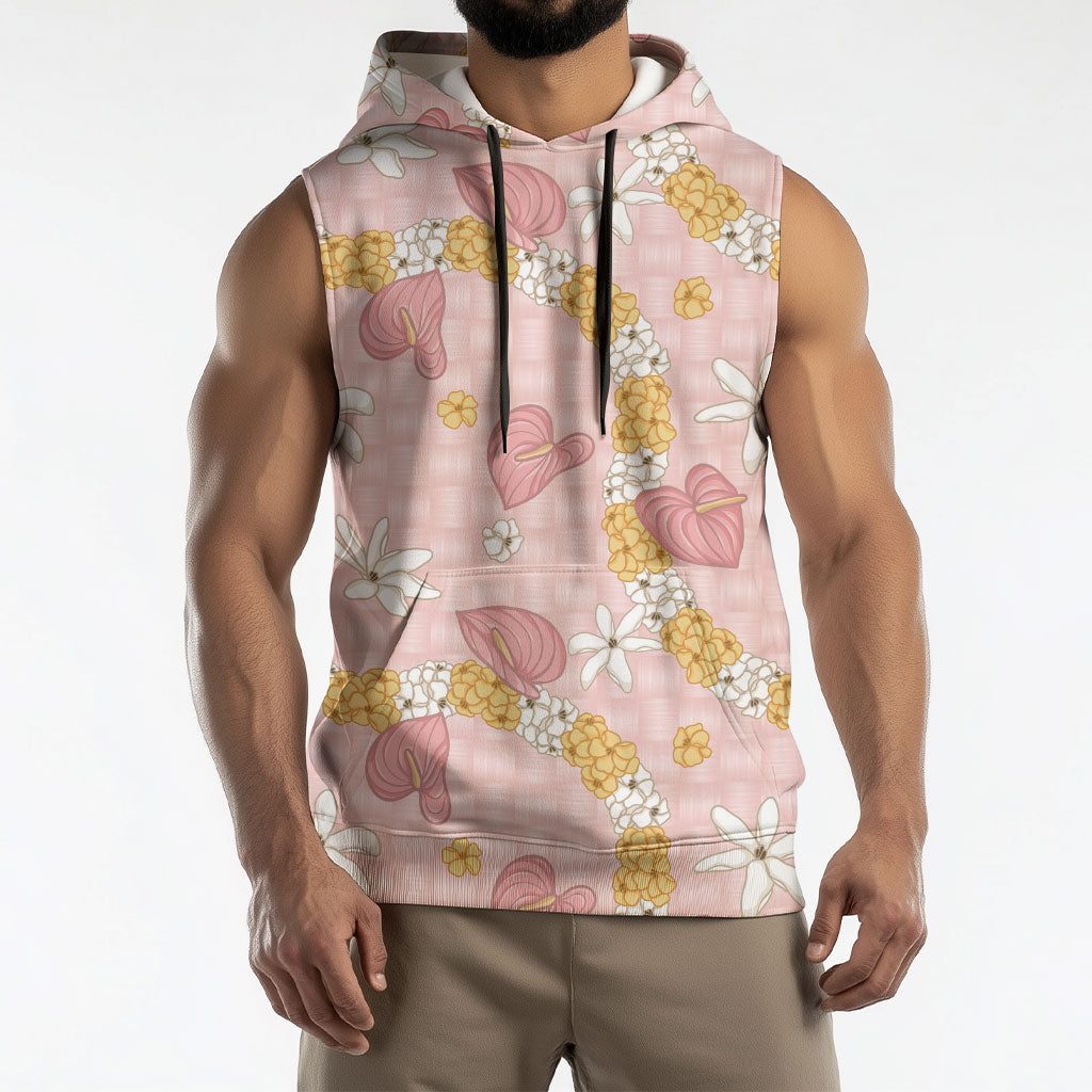 Hawaii Anthurium Tiare Pikake Lei Sleeveless Hoodie Akala Lauhala Art Pattern