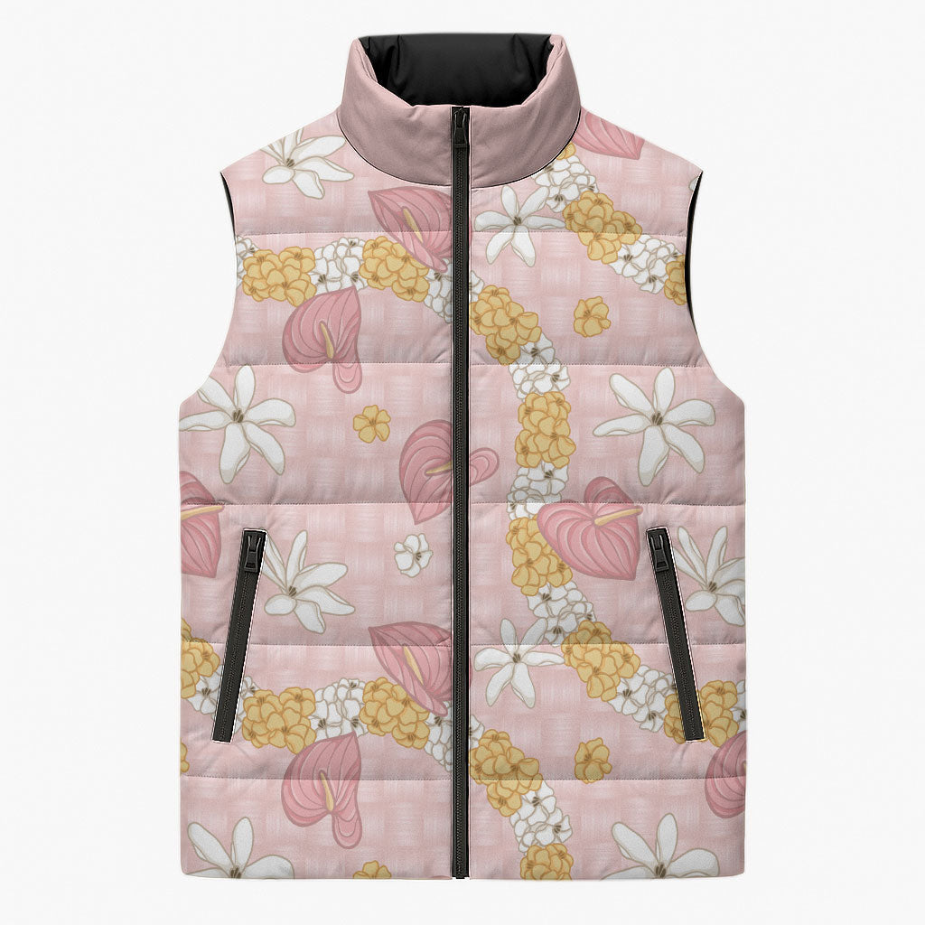Hawaii Anthurium Tiare Pikake Lei Sleeveless Puffer Jacket Akala Lauhala Art Pattern