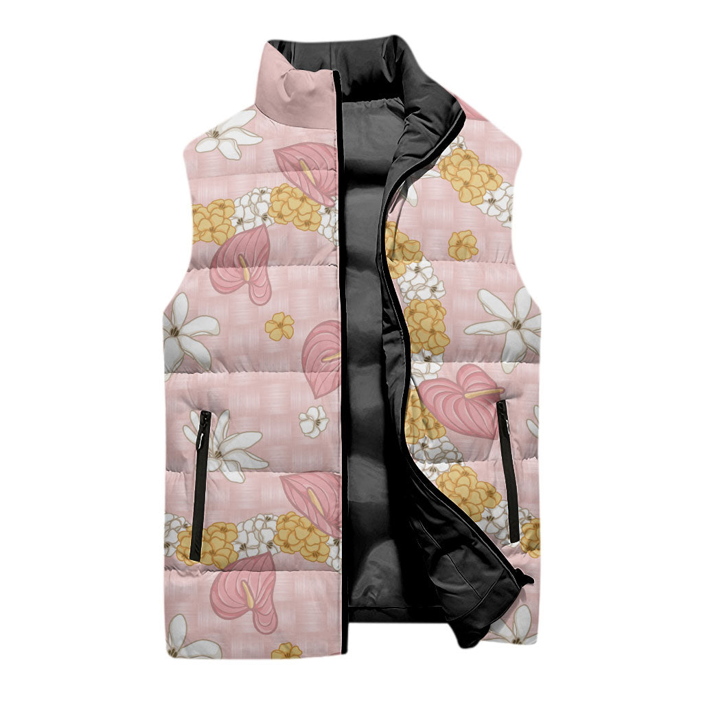 Hawaii Anthurium Tiare Pikake Lei Sleeveless Puffer Jacket Akala Lauhala Art Pattern