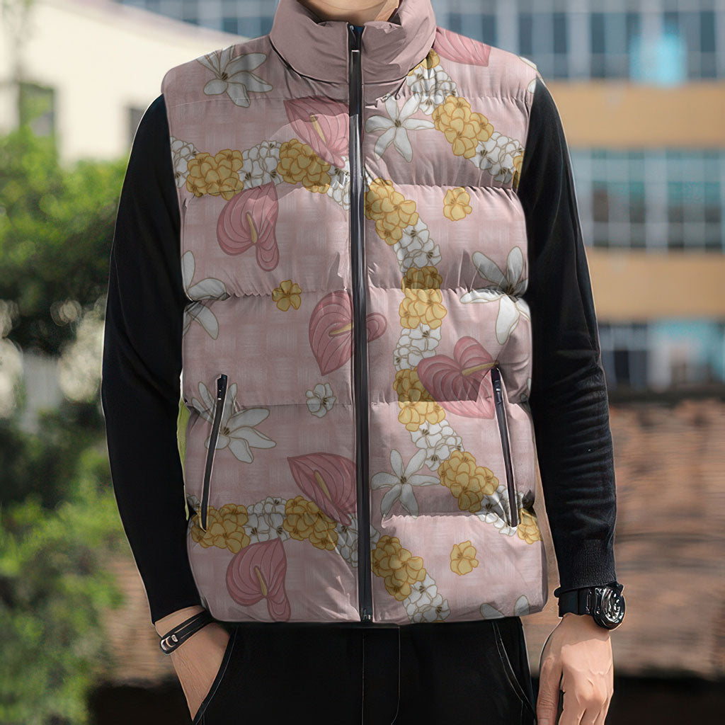 Hawaii Anthurium Tiare Pikake Lei Sleeveless Puffer Jacket Akala Lauhala Art Pattern