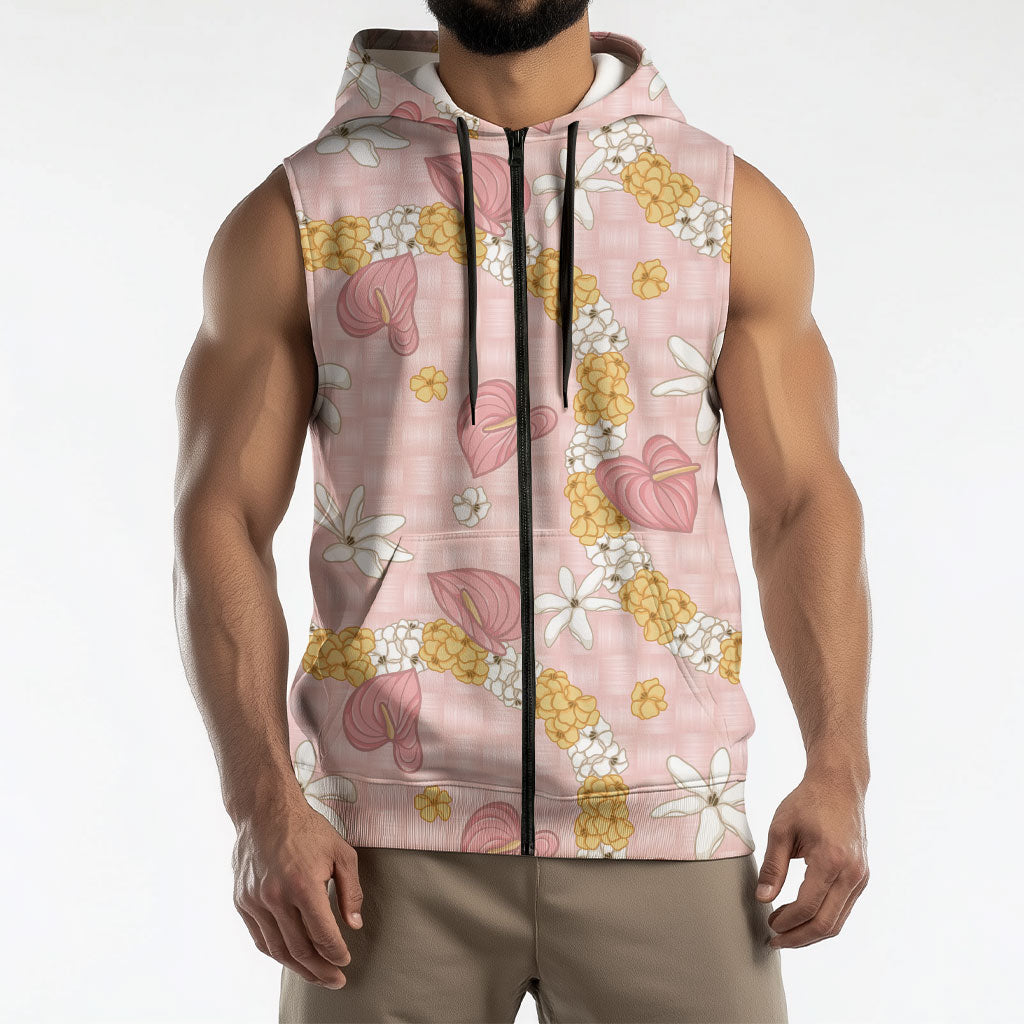 Hawaii Anthurium Tiare Pikake Lei Sleeveless Zip Hoodie Akala Lauhala Art Pattern