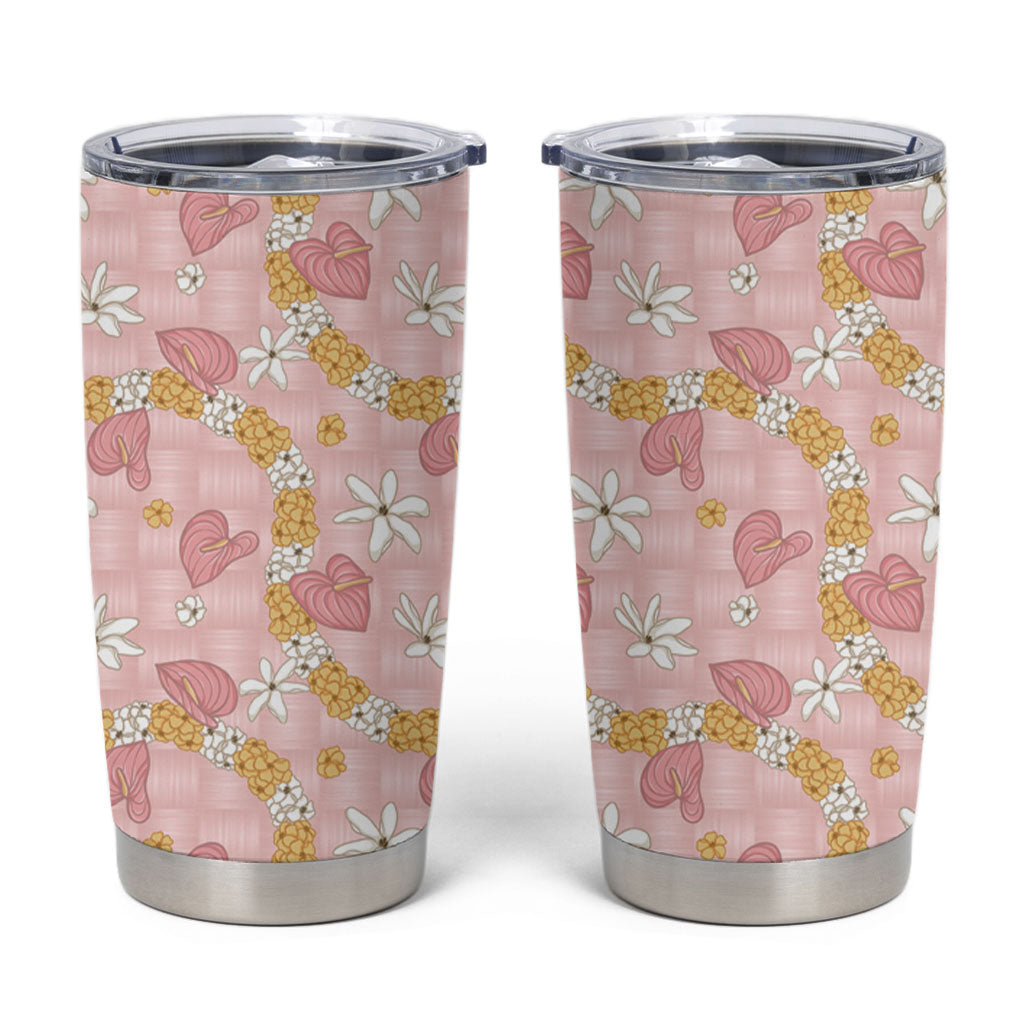 Hawaii Anthurium Tiare Pikake Lei Tumbler Cup Akala Lauhala Art Pattern