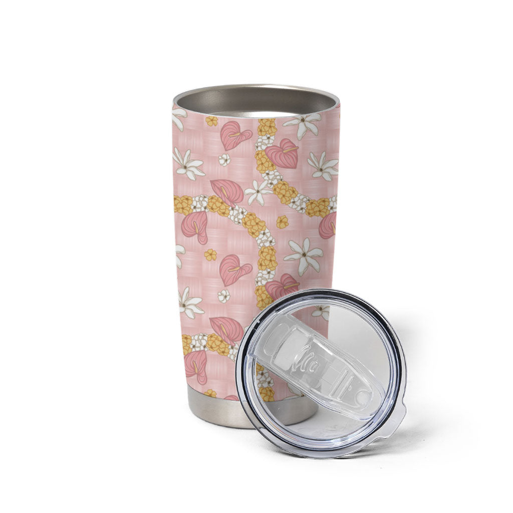 Hawaii Anthurium Tiare Pikake Lei Tumbler Cup Akala Lauhala Art Pattern