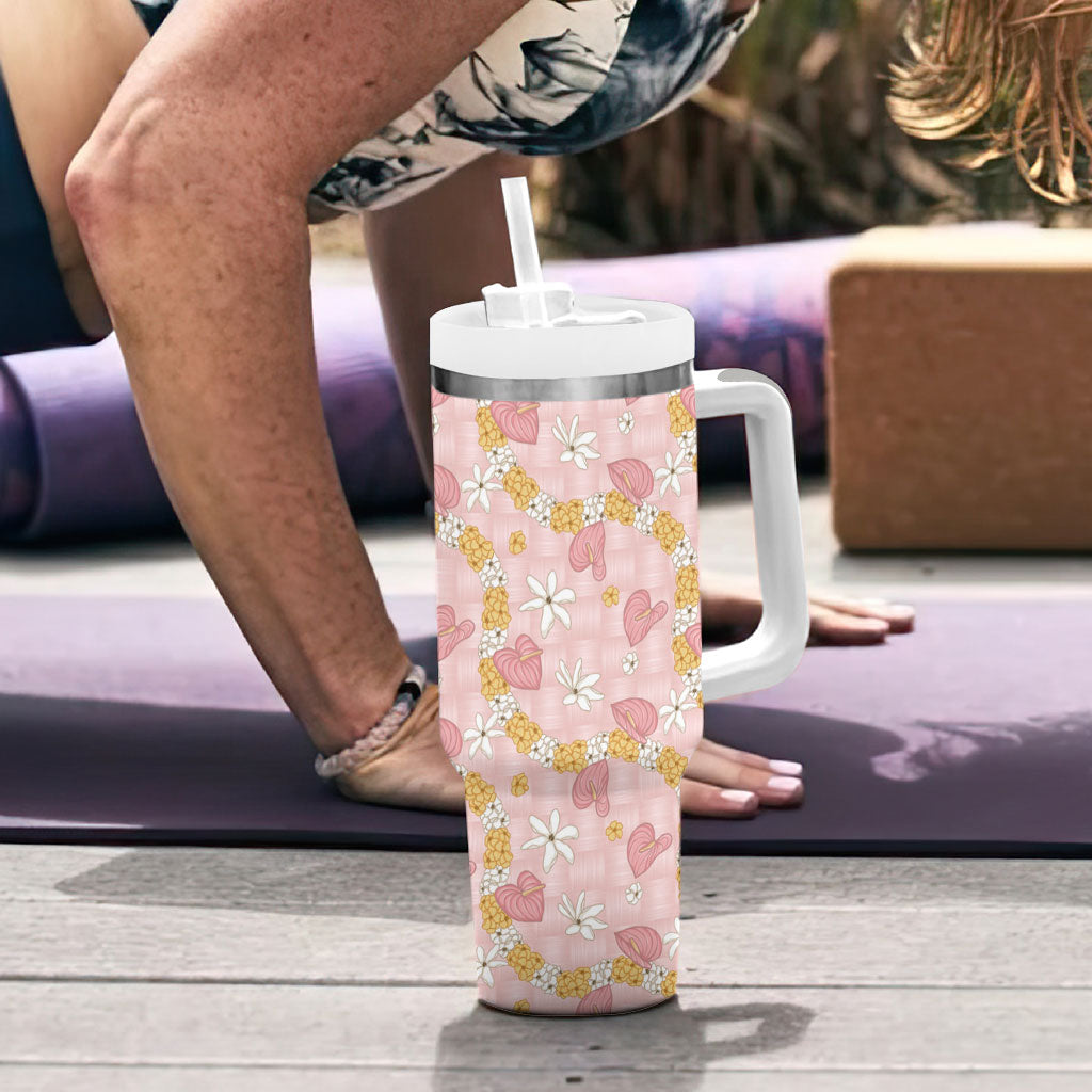Hawaii Anthurium Tiare Pikake Lei Tumbler With Handle Akala Lauhala Art Pattern