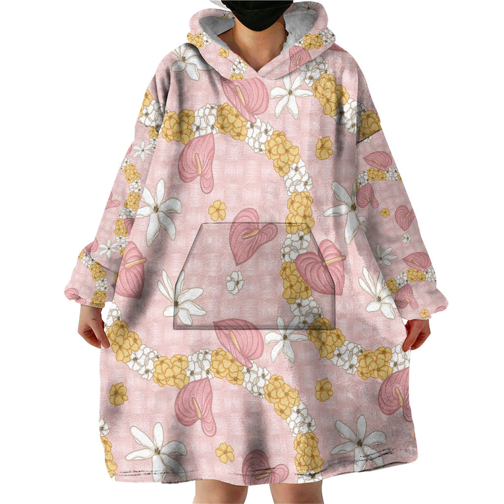 Hawaii Anthurium Tiare Pikake Lei Wearable Blanket Hoodie Akala Lauhala Art Pattern