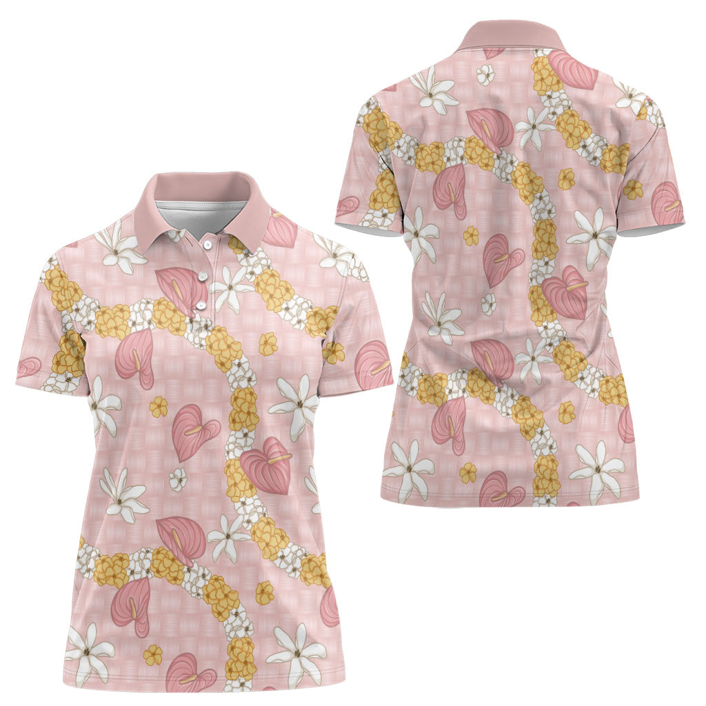 Hawaii Anthurium Tiare Pikake Lei Women Polo Shirt Akala Lauhala Art Pattern