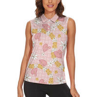 Hawaii Anthurium Tiare Pikake Lei Women Sleeveless Polo Shirt Akala Lauhala Art Pattern