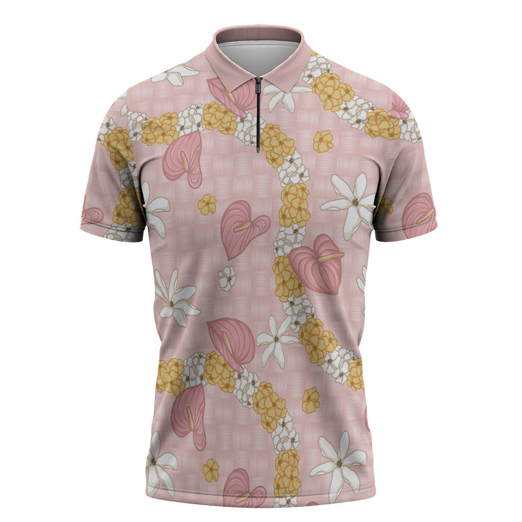 Hawaii Anthurium Tiare Pikake Lei Zipper Polo Shirt Akala Lauhala Art Pattern