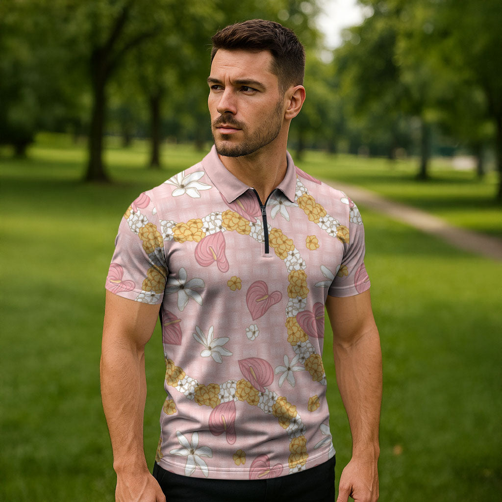 Hawaii Anthurium Tiare Pikake Lei Zipper Polo Shirt Akala Lauhala Art Pattern