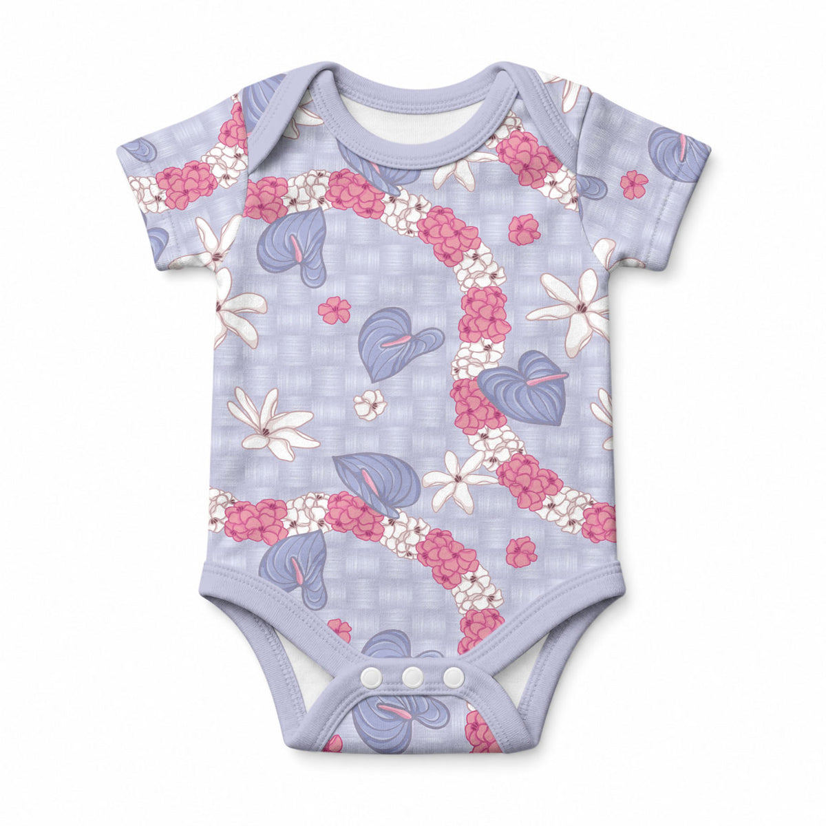 Hawaii Anthurium Tiare Pikake Lei Baby Onesie Poni Lauhala Art Pattern LT01 Purple - Polynesian Pride