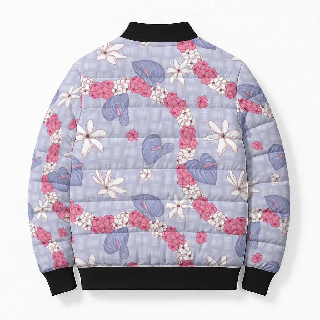 Hawaii Anthurium Tiare Pikake Lei Bomber Puffer Jacket Poni Lauhala Art Pattern