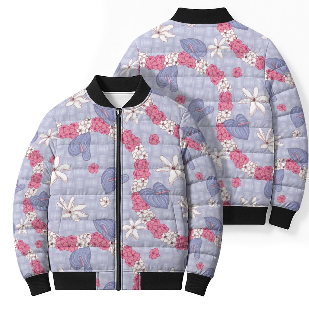 Hawaii Anthurium Tiare Pikake Lei Bomber Puffer Jacket Poni Lauhala Art Pattern