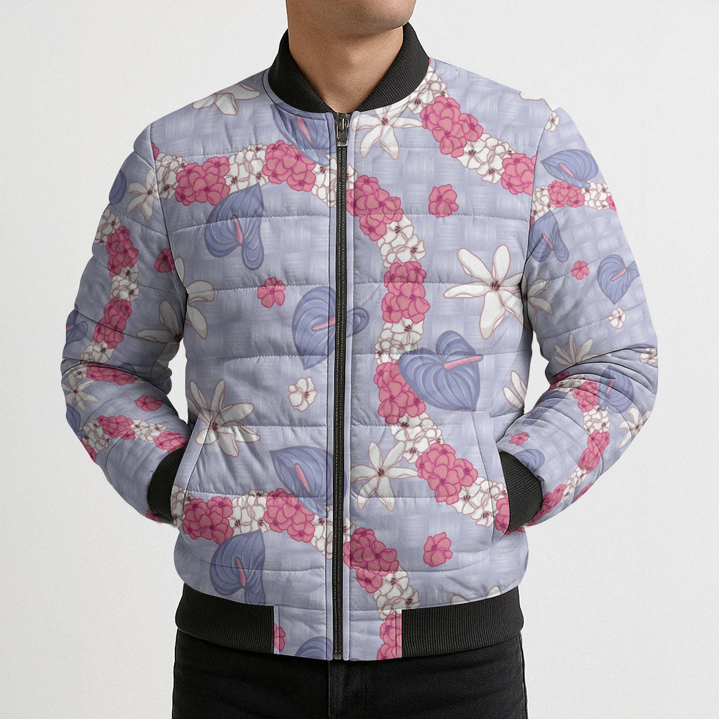 Hawaii Anthurium Tiare Pikake Lei Bomber Puffer Jacket Poni Lauhala Art Pattern