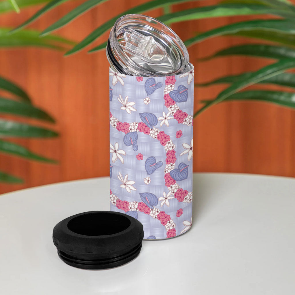 Hawaii Anthurium Tiare Pikake Lei 4 in 1 Can Cooler Tumbler Poni Lauhala Art Pattern