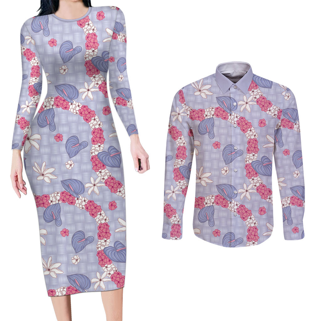 Hawaii Anthurium Tiare Pikake Lei Couples Matching Long Sleeve Bodycon Dress and Long Sleeve Button Shirt Poni Lauhala Art Pattern