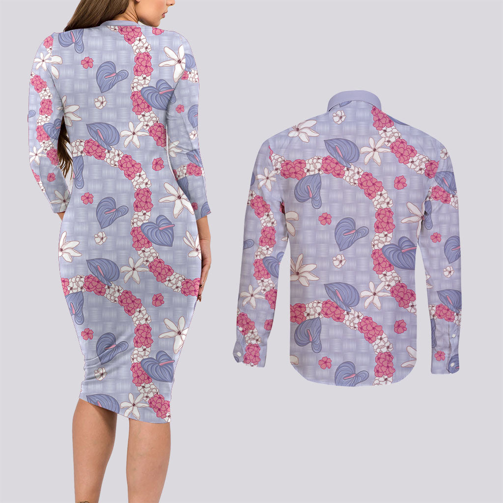 Hawaii Anthurium Tiare Pikake Lei Couples Matching Long Sleeve Bodycon Dress and Long Sleeve Button Shirt Poni Lauhala Art Pattern