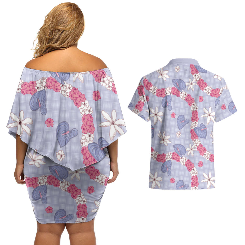 Hawaii Anthurium Tiare Pikake Lei Couples Matching Off Shoulder Short Dress and Hawaiian Shirt Poni Lauhala Art Pattern