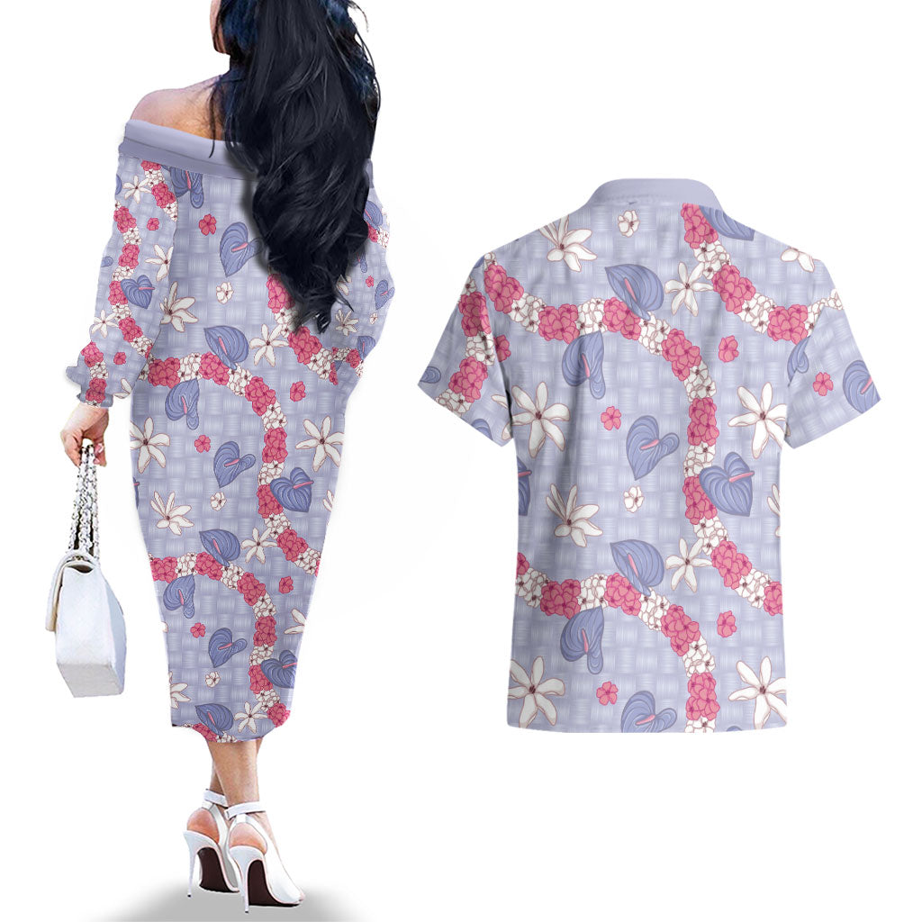 Hawaii Anthurium Tiare Pikake Lei Couples Matching Off The Shoulder Long Sleeve Dress and Hawaiian Shirt Poni Lauhala Art Pattern