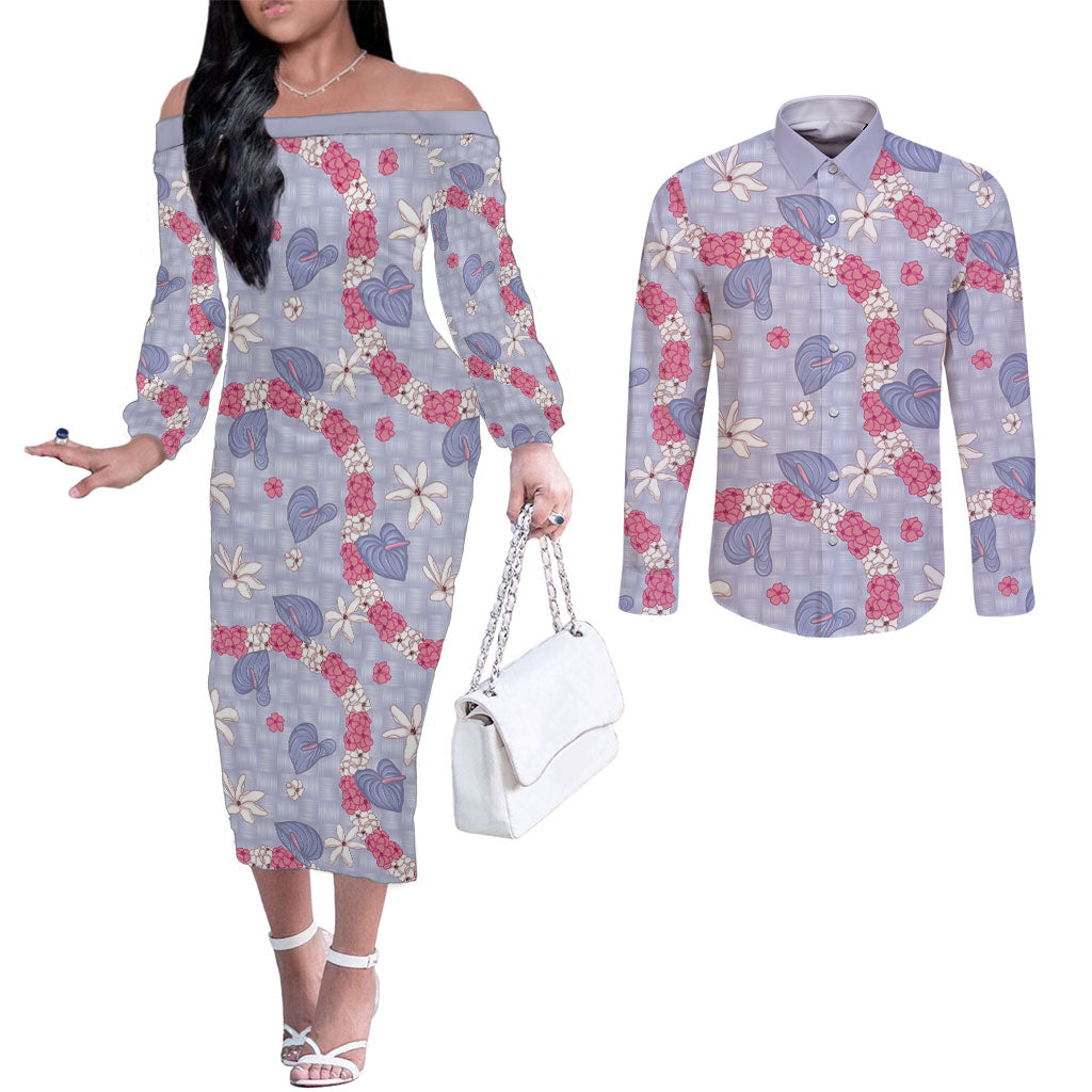 Hawaii Anthurium Tiare Pikake Lei Couples Matching Off The Shoulder Long Sleeve Dress and Long Sleeve Button Shirt Poni Lauhala Art Pattern