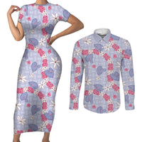 Hawaii Anthurium Tiare Pikake Lei Couples Matching Short Sleeve Bodycon Dress and Long Sleeve Button Shirt Poni Lauhala Art Pattern