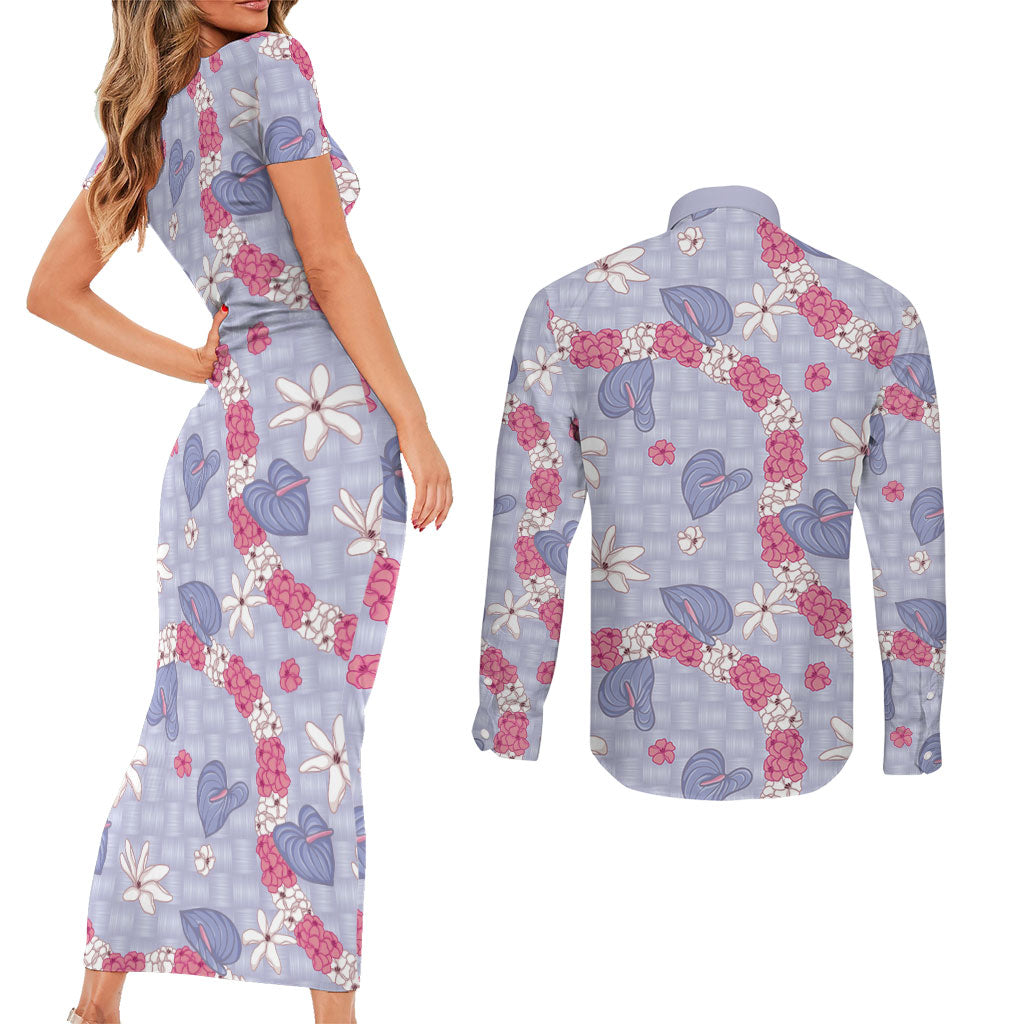 Hawaii Anthurium Tiare Pikake Lei Couples Matching Short Sleeve Bodycon Dress and Long Sleeve Button Shirt Poni Lauhala Art Pattern