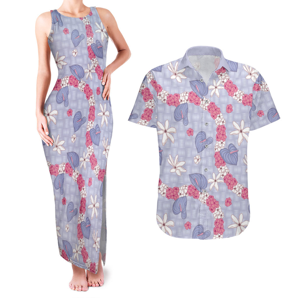 Hawaii Anthurium Tiare Pikake Lei Couples Matching Tank Maxi Dress and Hawaiian Shirt Poni Lauhala Art Pattern LT01 Purple - Polynesian Pride