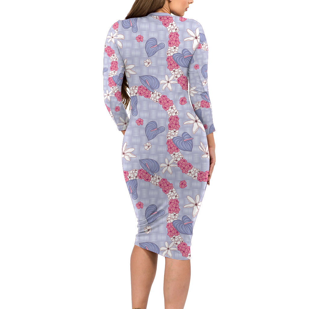 Hawaii Anthurium Tiare Pikake Lei Family Matching Long Sleeve Bodycon Dress and Hawaiian Shirt Poni Lauhala Art Pattern LT01 - Polynesian Pride