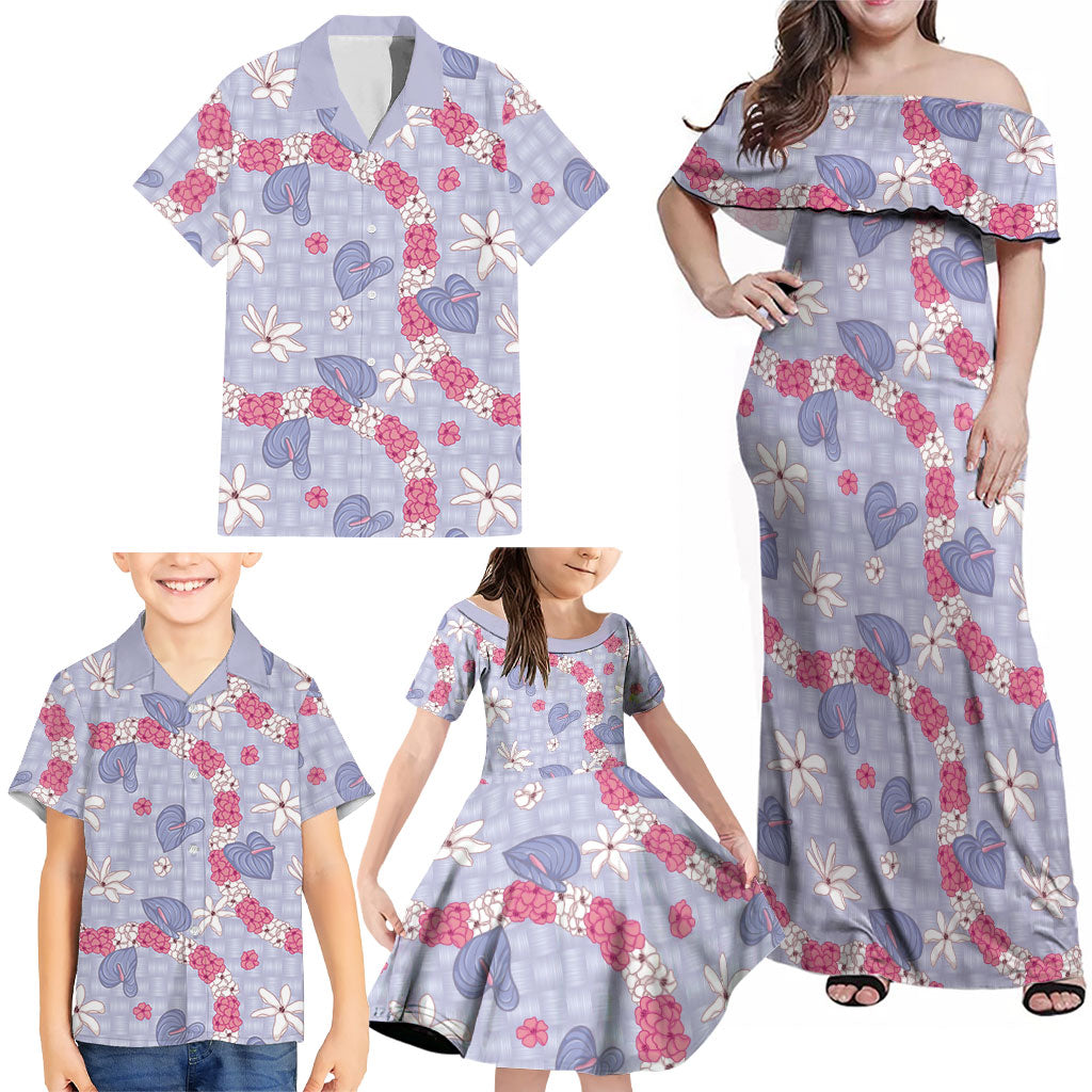 Hawaii Anthurium Tiare Pikake Lei Family Matching Off Shoulder Maxi Dress and Hawaiian Shirt Poni Lauhala Art Pattern