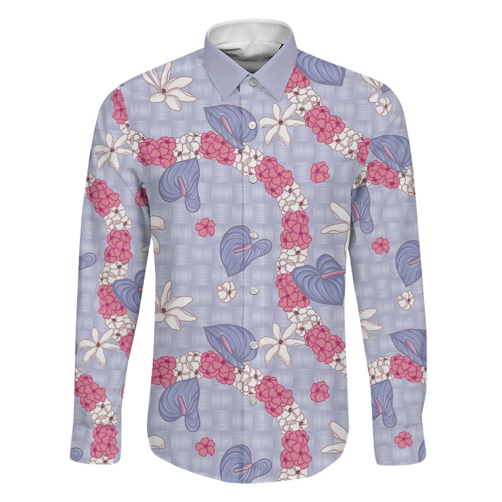 Hawaii Anthurium Tiare Pikake Lei Family Matching Summer Maxi Dress and Hawaiian Shirt Poni Lauhala Art Pattern LT01 Dad's Shirt - Long Sleeve Purple - Polynesian Pride