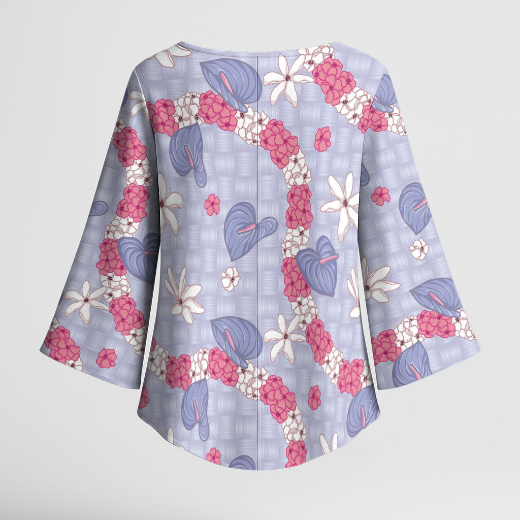 Hawaii Anthurium Tiare Pikake Lei Kimono Sleeve Blouse Poni Lauhala Art Pattern