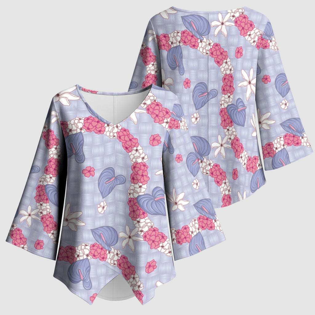 Hawaii Anthurium Tiare Pikake Lei Kimono Sleeve Blouse Poni Lauhala Art Pattern