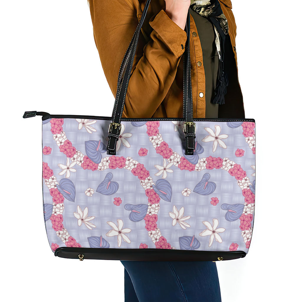 Hawaii Anthurium Tiare Pikake Lei Leather Tote Bag Poni Lauhala Art Pattern