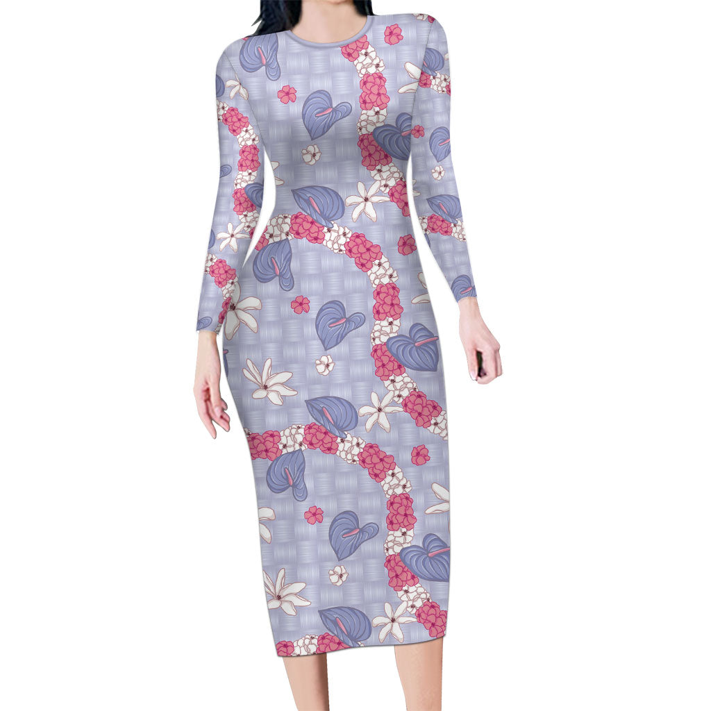 Hawaii Anthurium Tiare Pikake Lei Long Sleeve Bodycon Dress Poni Lauhala Art Pattern