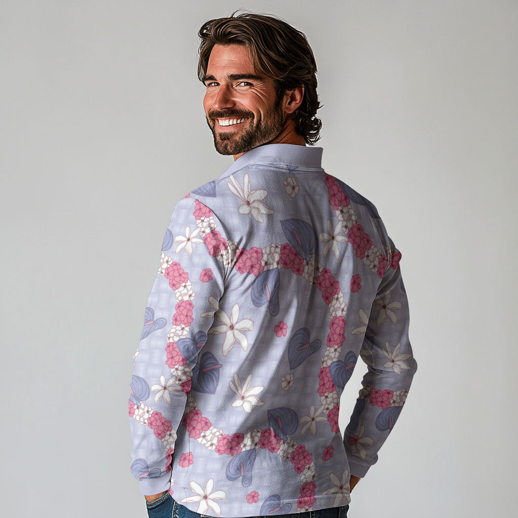Hawaii Anthurium Tiare Pikake Lei Long Sleeve Polo Shirt Poni Lauhala Art Pattern