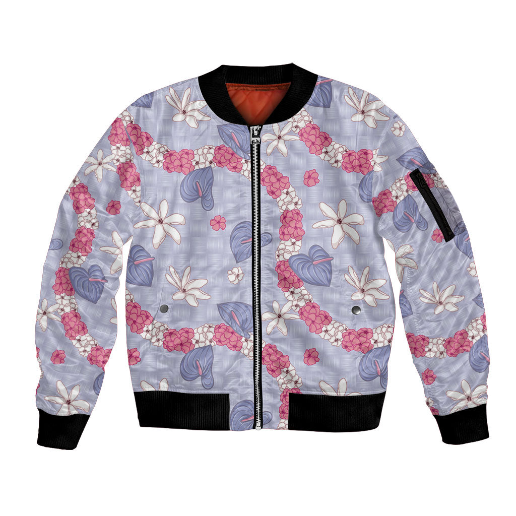Hawaii Anthurium Tiare Pikake Lei Sleeve Zip Bomber Jacket Poni Lauhala Art Pattern