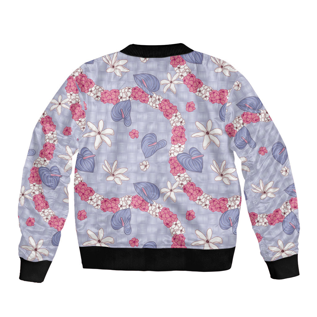 Hawaii Anthurium Tiare Pikake Lei Sleeve Zip Bomber Jacket Poni Lauhala Art Pattern