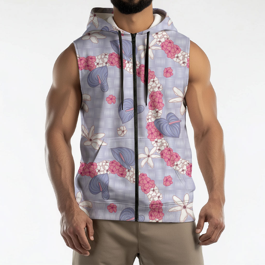 Hawaii Anthurium Tiare Pikake Lei Sleeveless Zip Hoodie Poni Lauhala Art Pattern