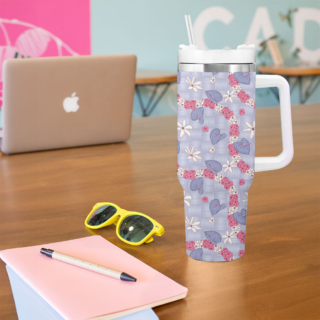Hawaii Anthurium Tiare Pikake Lei Tumbler With Handle Poni Lauhala Art Pattern
