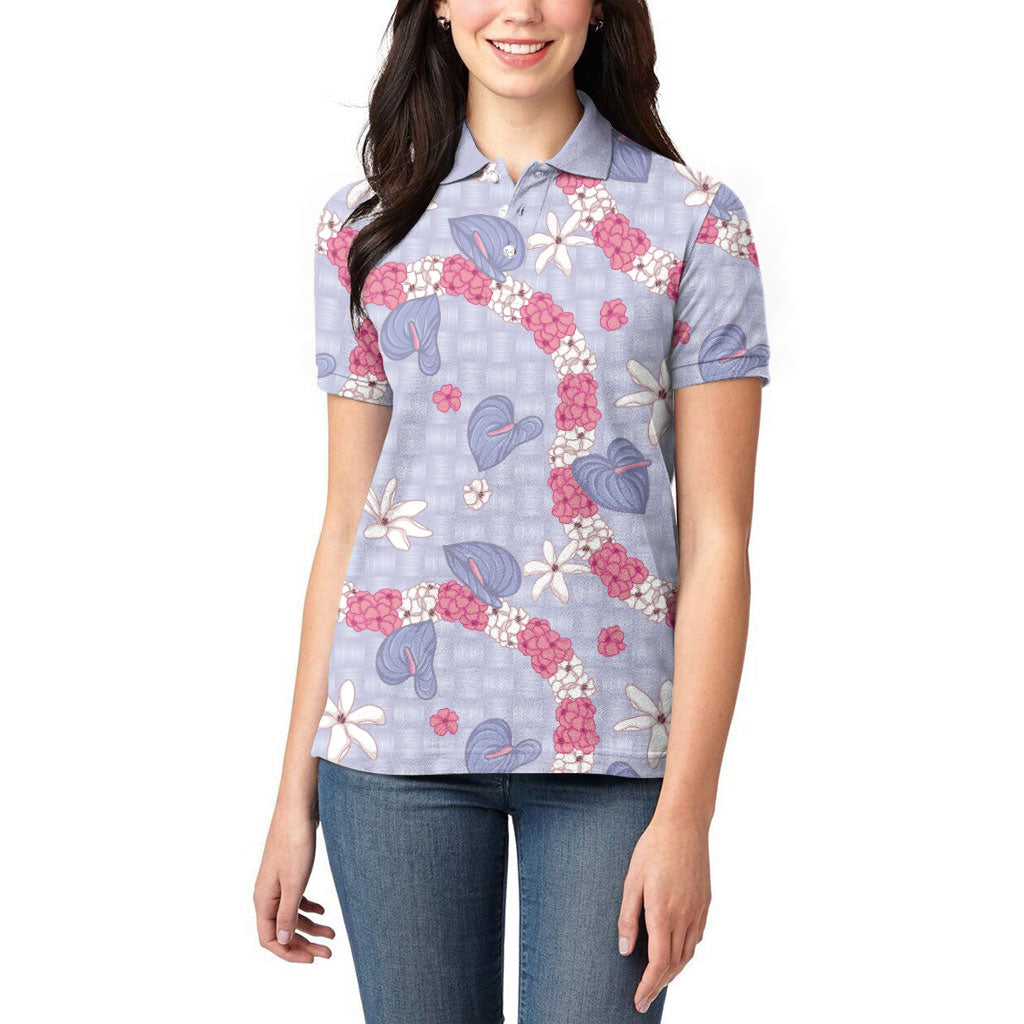 Hawaii Anthurium Tiare Pikake Lei Women Polo Shirt Poni Lauhala Art Pattern