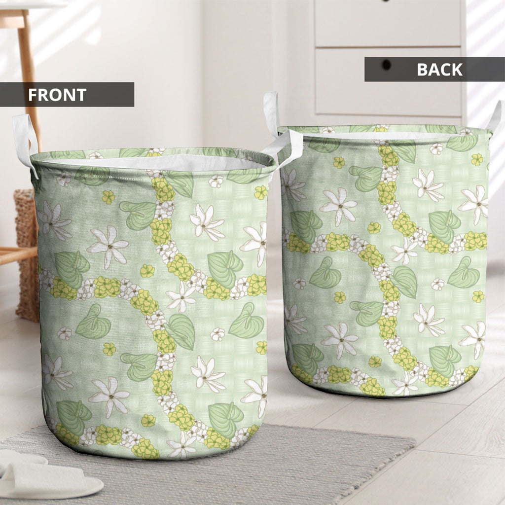 Hawaii Anthurium Tiare Pikake Lei Laundry Basket Sage Green Lauhala Art Pattern
