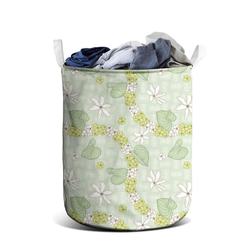 Hawaii Anthurium Tiare Pikake Lei Laundry Basket Sage Green Lauhala Art Pattern
