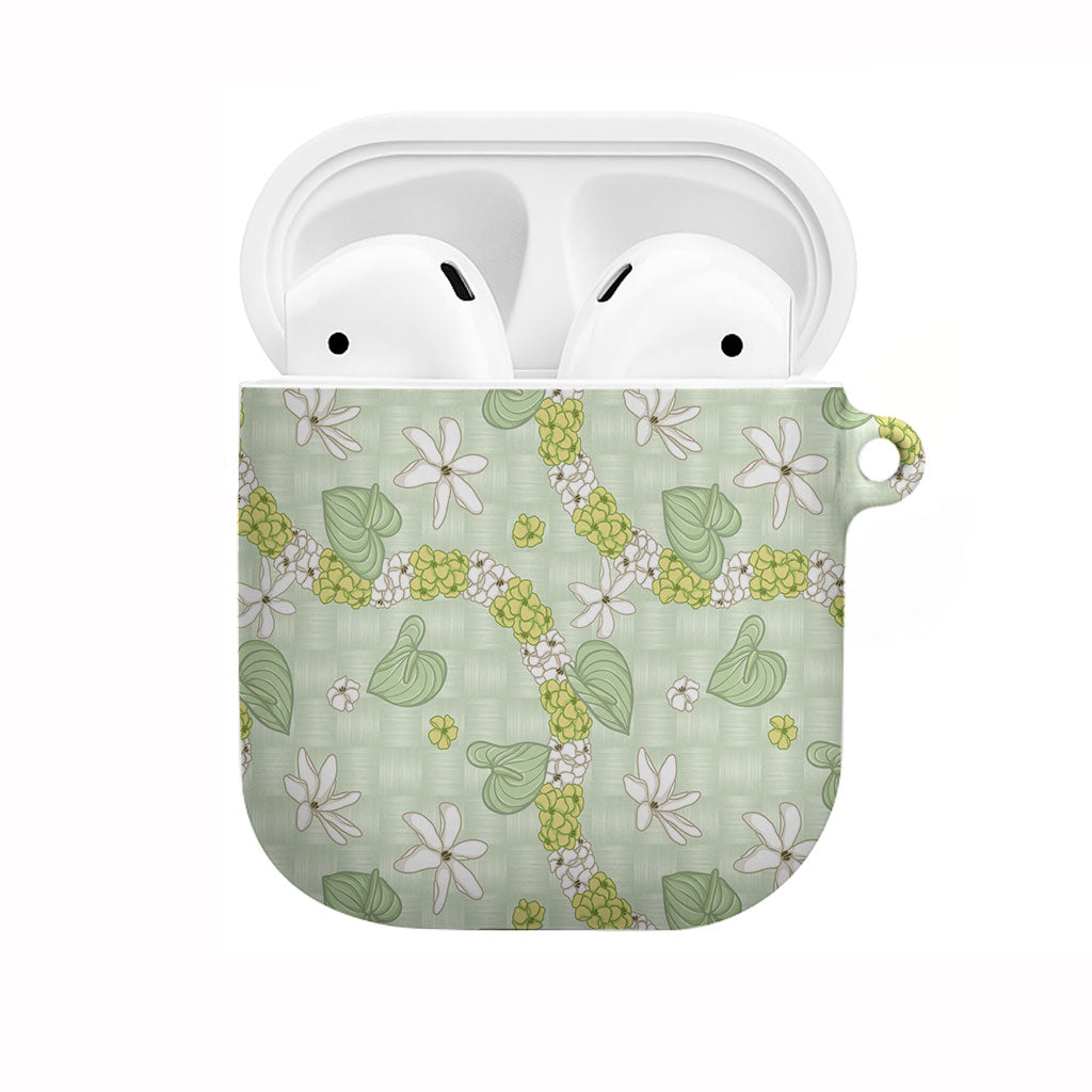 Hawaii Anthurium Tiare Pikake Lei AirPods Case Sage Green Lauhala Art Pattern
