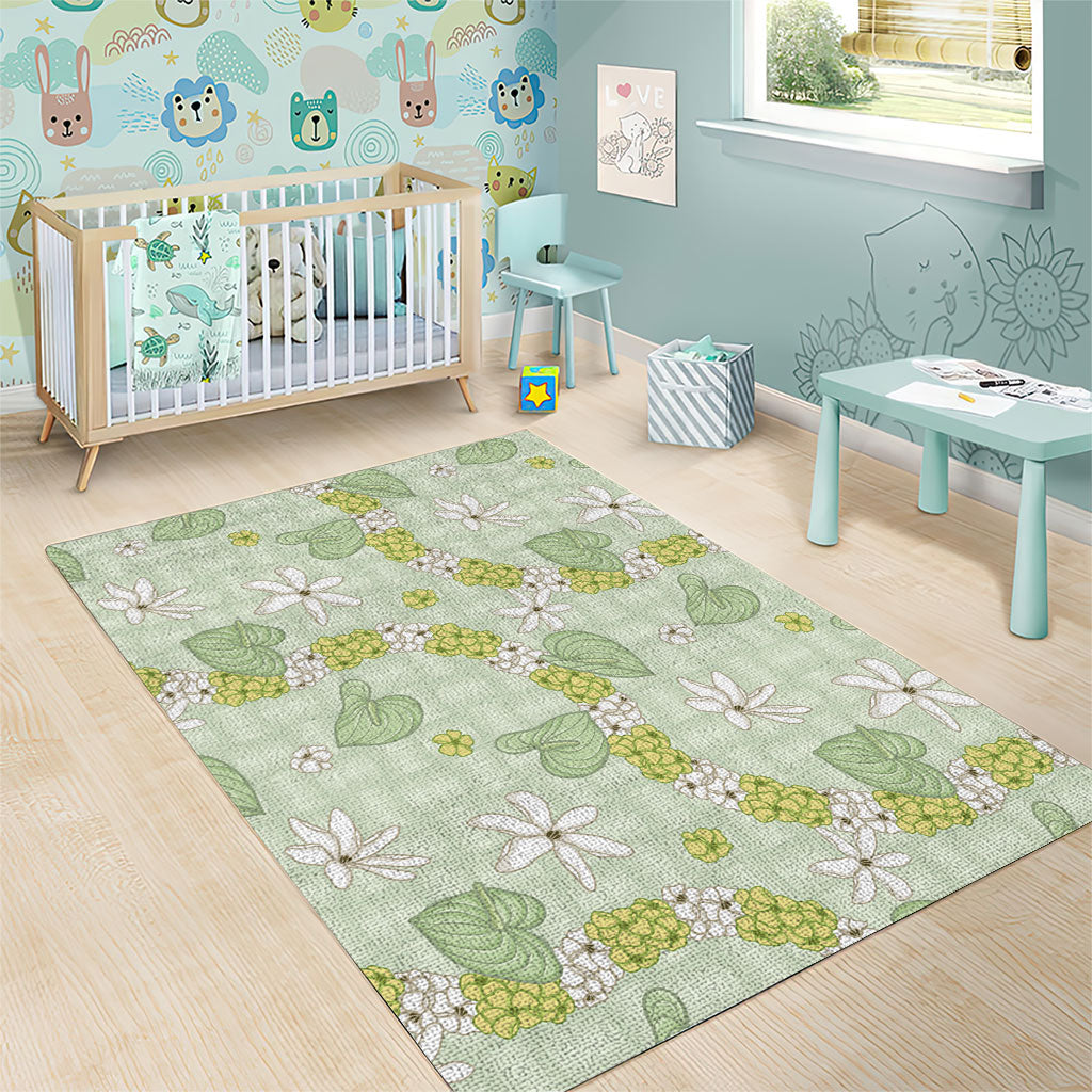 Hawaii Anthurium Tiare Pikake Lei Area Rug Sage Green Lauhala Art Pattern