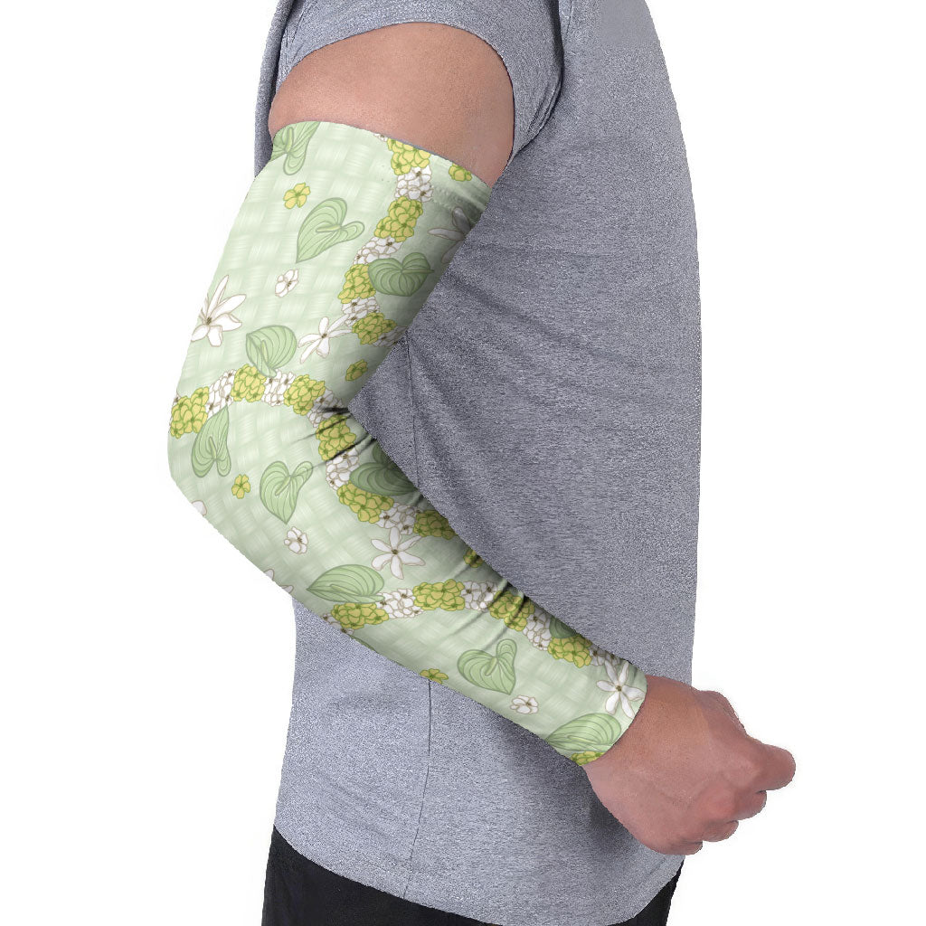Hawaii Anthurium Tiare Pikake Lei Arm Sleeves Sage Green Lauhala Art Pattern