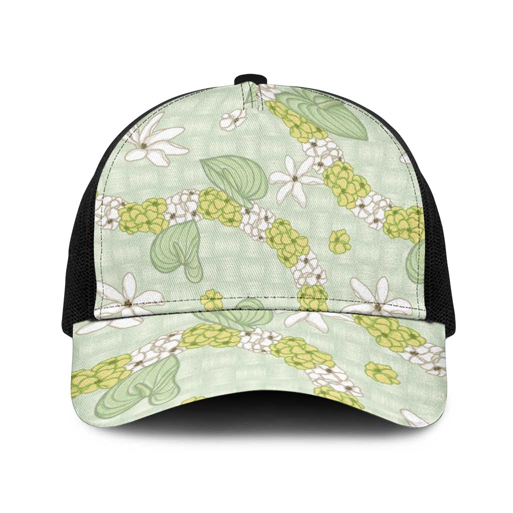 Hawaii Anthurium Tiare Pikake Lei Baseball Net Cap Sage Green Lauhala Art Pattern