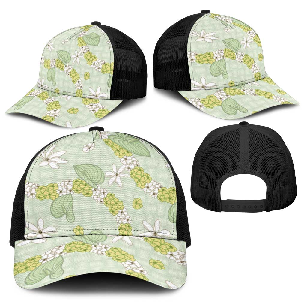 Hawaii Anthurium Tiare Pikake Lei Baseball Net Cap Sage Green Lauhala Art Pattern