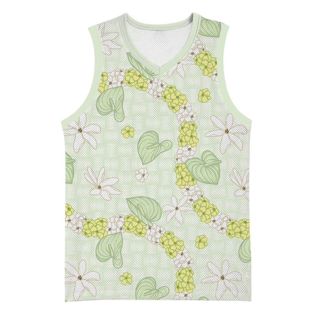 Hawaii Anthurium Tiare Pikake Lei Basketball Jersey Sage Green Lauhala Art Pattern