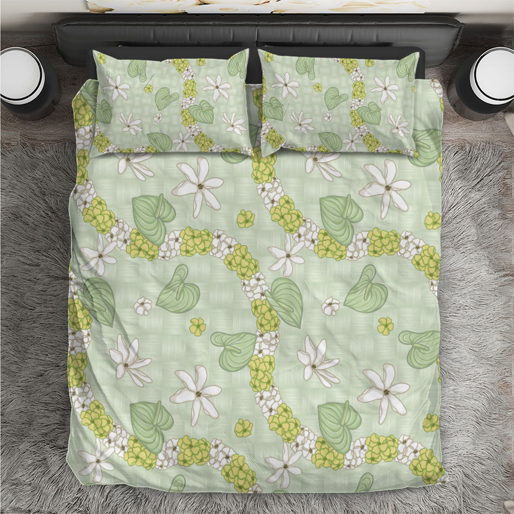 Hawaii Anthurium Tiare Pikake Lei Bedding Set Sage Green Lauhala Art Pattern