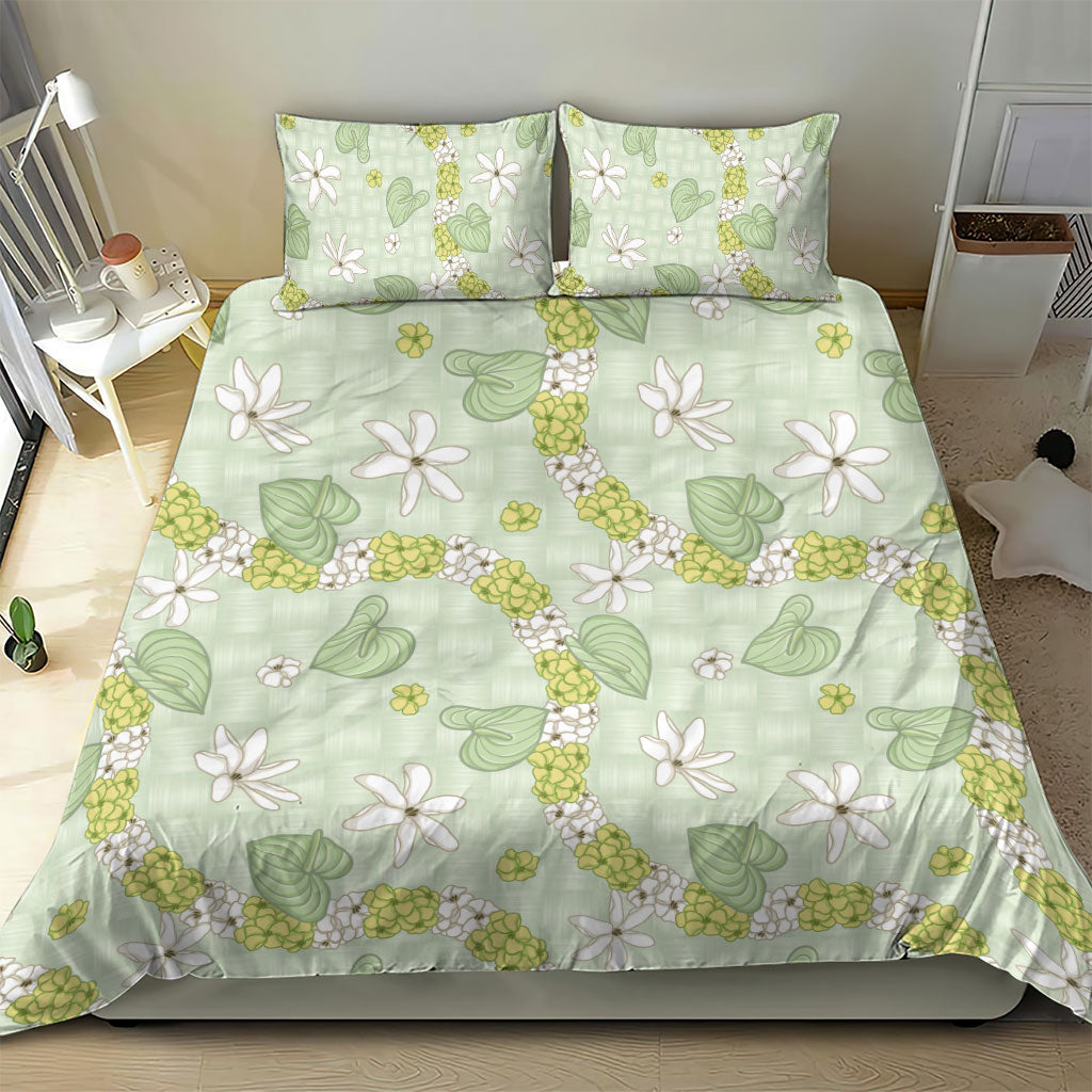 Hawaii Anthurium Tiare Pikake Lei Bedding Set Sage Green Lauhala Art Pattern