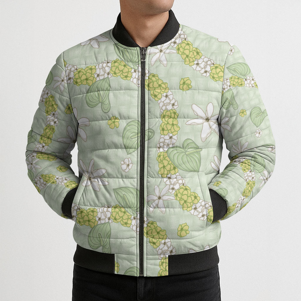 Hawaii Anthurium Tiare Pikake Lei Bomber Puffer Jacket Sage Green Lauhala Art Pattern